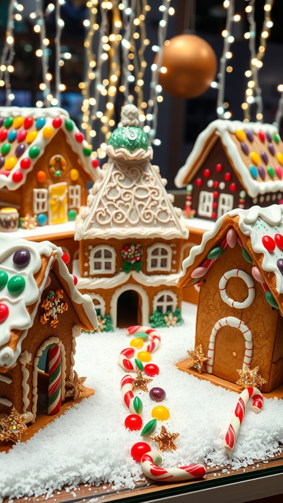 A collection of creatively decorated cookie houses made with icing and candies, showcasing festive designs.